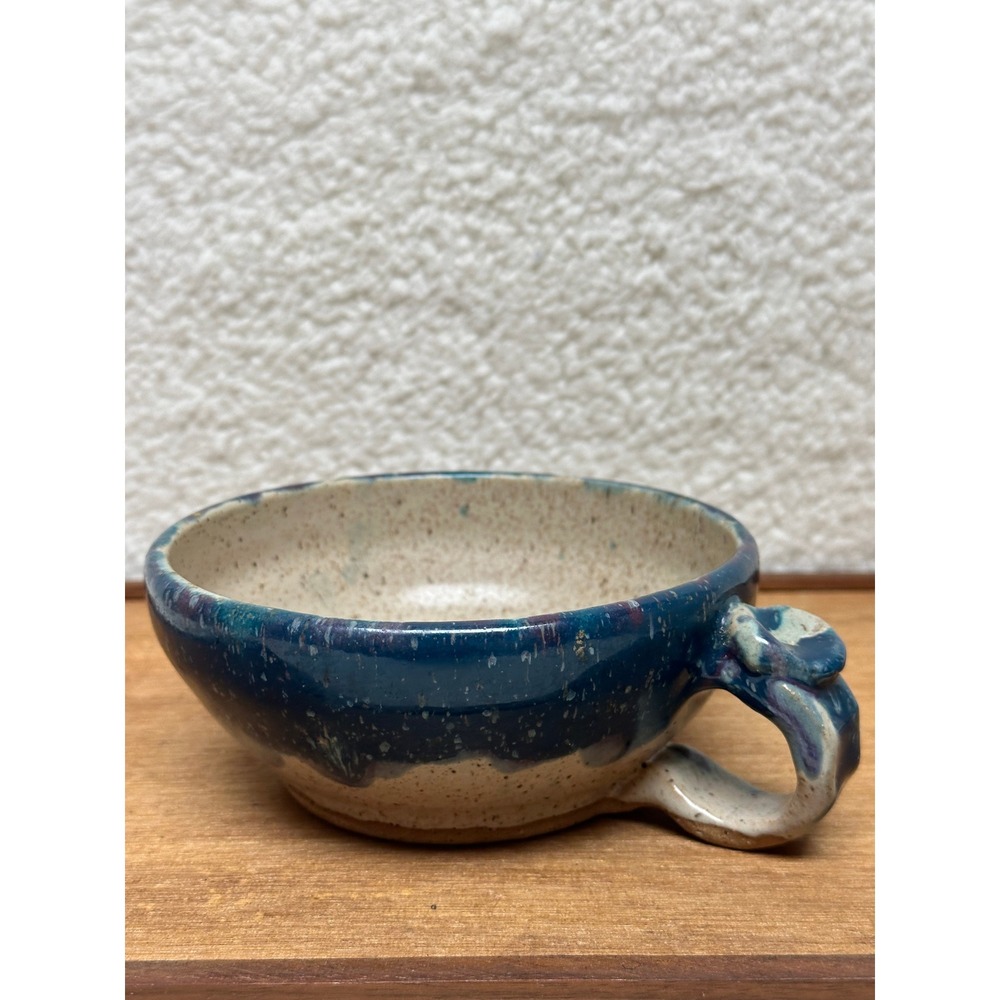 Vintage Studio Pottery Cup Blue Speckled Stoneware Thumb Rest Bowl Mug 96 - Picture 6 of 9